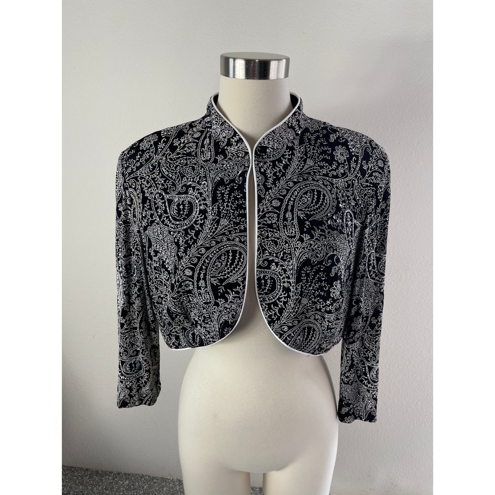 Alex Evenings Womens 14 Black Silver Paisley Glitter Bolero Cropped Jacket Shrug